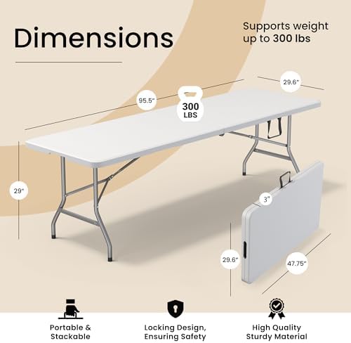 2 PACK of 8 Feet Foldable Table with Built in Handle & Steel Legs | 8 FT Heavy Duty Portable | Perfect for Party, Dining, Wedding, Events, Picnic Indoor, Outdoor, Camping, Temporary - 8 Foot