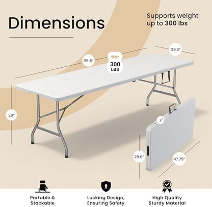 2 PACK of 8 Feet Foldable Table with Built in Handle & Steel Legs | 8 FT Heavy Duty Portable | Perfect for Party, Dining, Wedding, Events, Picnic Indoor, Outdoor, Camping, Temporary - 8 Foot