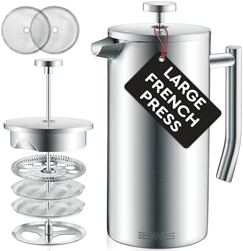 Belwares French Press Coffee Maker - Large 50oz 6-Cup, 304 Stainless Steel Coffee Press, Double Wall Insulated Heat Retention, 4-Level Filtration for Smooth Ground-Free Coffee, 2 Extra Filters, Silver