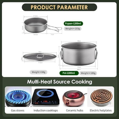 BY-J Titanium Camping Cookware 2200ML & 1200ML Titanium Pot with Lid, Camping Hanging Cookware Hiking Picnic Ultralight Bowl Tableware