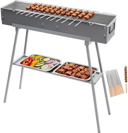 Portable Charcoal Grill with 12PCS 17" Wooden Handle Skewers, Heavy Duty BBQ Grill with Folding Legs and 31.6x7.1" Cooking Area, Kebab Grill for Outdoor Backyard Picnic Camping Party