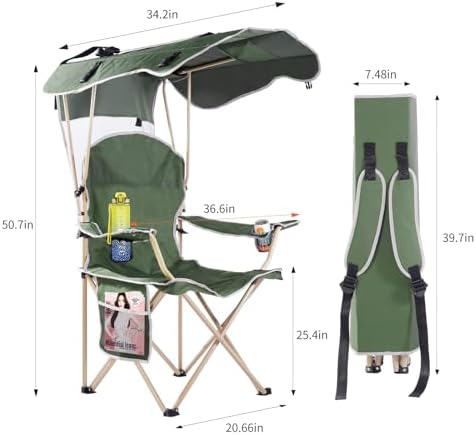 VTOY Portable Folding Camping Chair with Canopy, Outdoor Sun Shade Chair