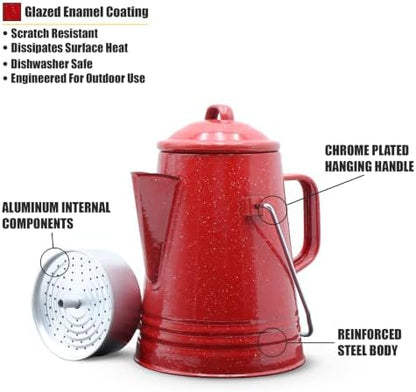 GRIP Coffee Percolator (Red) - Durable Glazed Enamel Steel - Prepare Coffee Over the Fire - Camping, Hiking, Backpacking, Fishing, Hunting - (8 Cups)