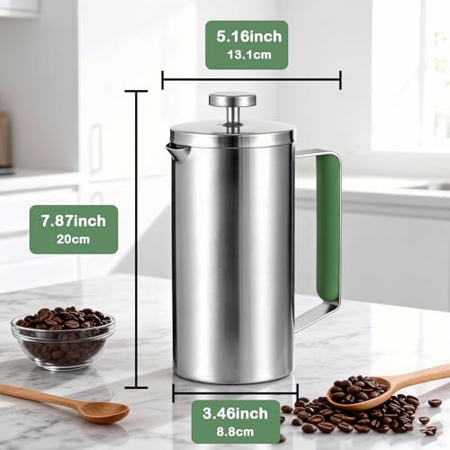600ML French Press Coffee Maker 21OZ Camping Coffee Press with Green Handle for Personal, Office, Travel(Sanding Silver, 1-3 Cups)