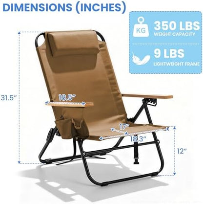 2 Pack Premium 5-Position Reclining Camping Chair - Portable Folding Lightweight Outdoor Chair with Wooden Armrests, Headrest & Pockets, 350lbs Heavy Duty for Beach, Patio, Backyard, Brown