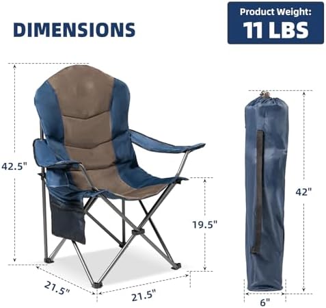 2 Pack Folding Camping Chairs for Adults - High Back Padded Outdoor Lawn Chairs with Lumbar Support & Cup Holder, 400lbs Heavy Duty Portable Camping Chairs Set (Blue & Brown, 2 PCS)