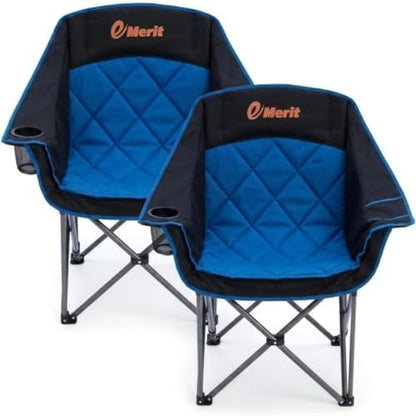 EMERIT 2 Pack Oversized Padded Camping Chair for Big Tall Adults, 500 LBS Heavy Duty Foldable Quad Lawn Chair, 19.68" High Seat, 4-Layer Cushion, Cup Holder, Camping Tailgating Backyard Patio, Blue