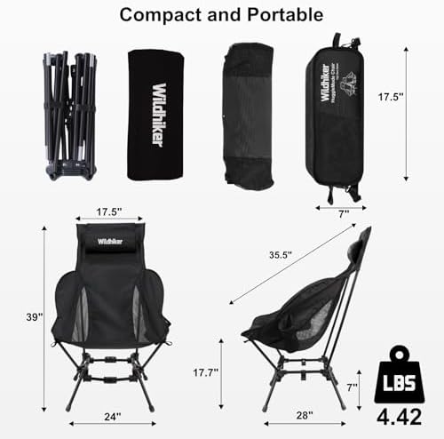 Wildhiker HuggleMode High Back Folding Camping Chair, 2 Seat Heights -Black