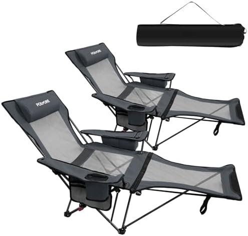 2-Pack Reclining Camping Chair 4 Position with Foot Rest Comfortable for Adults 265Ibs Folding Lounger Mesh Beach Chair with Cooler Bag and Cup Holder for Outdoor Patio