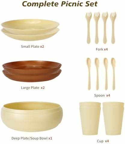 Camping Dishes Picnic Set, 17Pcs Plastic Dinnerware Dishes Sets for 4