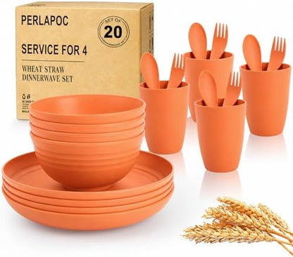 Kids Wheat Straw Dinnerware Sets for 4, 20 Piece Unbreakable Dinnerware Set, Plates and Bowls Sets, Kitchen Plates and Bowls Set, Lightweight Dish Set for Picnic, Camping, and Daily - Orange