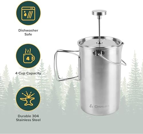 Coghlan's Stainless Steel French Press Coffee Maker – 4-Cup (32 oz), Campfire & Stovetop Safe, Portable & Durable – Fine Mesh Filter, Folding Handle, Dishwasher Safe – For Camping, Home, or Travel