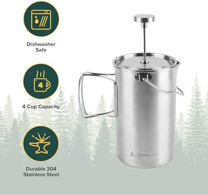 Coghlan's Stainless Steel French Press Coffee Maker – 4-Cup (32 oz), Campfire & Stovetop Safe, Portable & Durable – Fine Mesh Filter, Folding Handle, Dishwasher Safe – For Camping, Home, or Travel