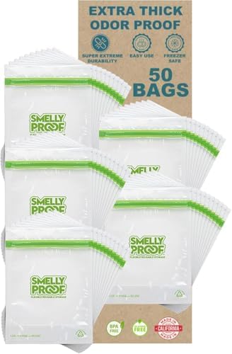 Smelly Proof 50pk Reusable Stand & Fill Food Storage Bags - BPA FREE, NO PEVA, Clear 3 mils STAND UP 6.5" x 7.5" - 50 pcs