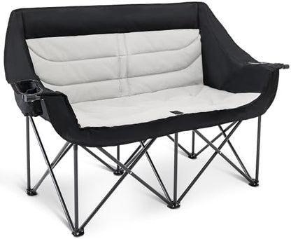 Asrug Padded Double Camping Chair 2 Person Portable Camping Chair Loveseat with Cup Holders and Side Pockets Heavy Duty Camp Couch for Outdoor Beach Fishing Garden 660lbs Support (Black & Light Gray)