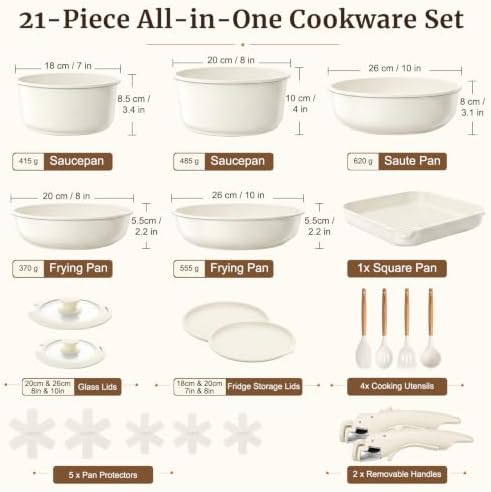 YASHE 21Pcs Nonstick Pots and Pans Set with Detachable Handles, Oven Safe