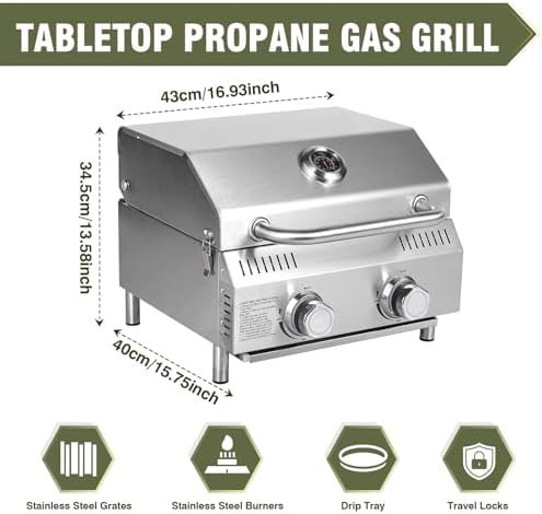 Bestfire Tabletop Gas Grill 2 Burners, 20,000 BTUs Stainless Steel Portable Propane Grill with Legs for Outdoor Patio Backyard Camping, Tailgating, and RV Trips
