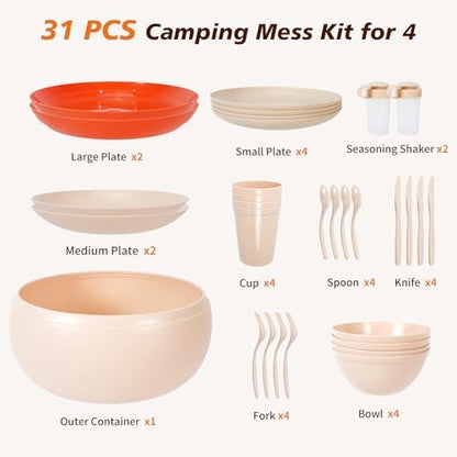 Camping Dishes Picnic Set, 31 Pcs Plastic Dinnerware Dishes Sets for 4