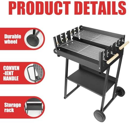 Portable Charcoal Grill, Skewer Charcoal Grill with wheels for Outdoor Cooking Camping Garden