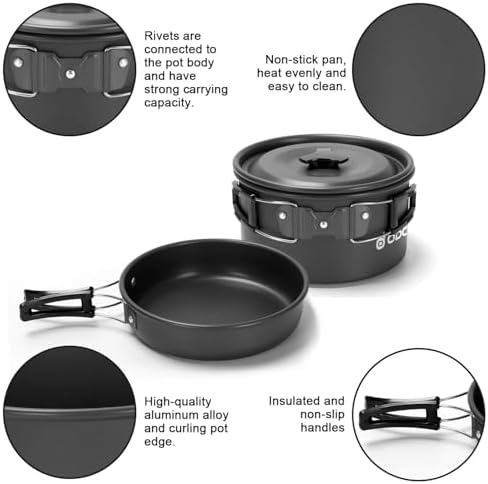 Odoland 15pcs Camping Cookware Mess Kit, Lightweight Pot Pan Kettle Set