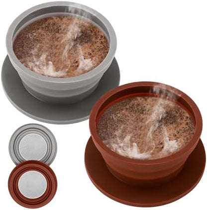 Set of 2 Collapsible Travel Pour Over Coffee Dripper, Brown+Grey