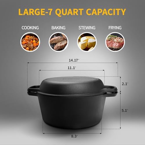 EDGING CASTING 2-in-1 Pre-Seasoned Cast Iron Dutch Oven Pot with Skillet Lid Cooking Pan, Cast Iron Skillet Cookware Pan Set with Dual Handles Indoor Outdoor for Bread, Frying, Baking, Camping, 7QT