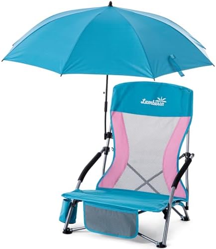 Lamberia Folding Beach Chair with Umbrella for Adults, Portable Low Beach Chairs with 300lbs Capacity, Lightweight Fodable Camping Chair for Travel, Picnic, Concert & Outdoor Activities, Blue-Pink