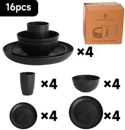 16-Piece Wheat Straw Dinnerware Set – Lightweight, Unbreakable, Eco-Friendly, Microwave & Dishwasher Safe – Black Reusable Plates, Bowls, Cups Set for 4 – Camping, RV, Daily Use – BPA Free