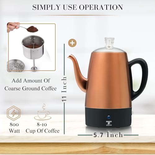 Moss & Stone 10 Cup Copper Electric Percolator Coffee Pot, Stainless Steel