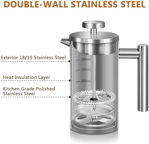 Small French Press Coffee Maker 1 Cup - 12oz/350ml Single Cup Metal French Press(1 Cup), Stainless Steel Double Wall Insulated Coffee & Tea Maker w/ 3 Extra Screens + 1 Spoon (Silver), Dishwasher Safe