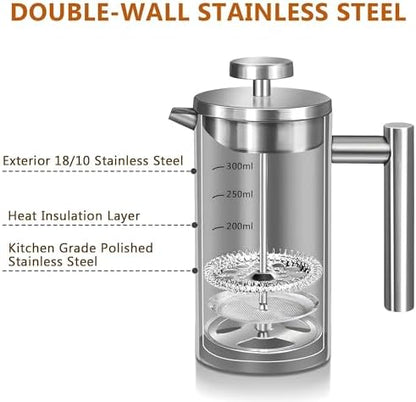 Small French Press Coffee Maker 1 Cup - 12oz/350ml Single Cup Metal French Press(1 Cup), Stainless Steel Double Wall Insulated Coffee & Tea Maker w/ 3 Extra Screens + 1 Spoon (Silver), Dishwasher Safe
