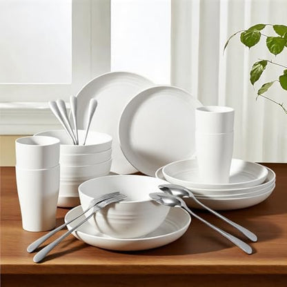 24 Pcs Wheat Straw Dinnerware Set- Picnic & Camping- Unbreakable & Reusable- Includes 4x 9in Plates, 4x 8in Plates, 4x 6in Bowls, 4 Cups, 4 Stainless Steel Forks and Spoons- Kitchen, Dorm, Office
