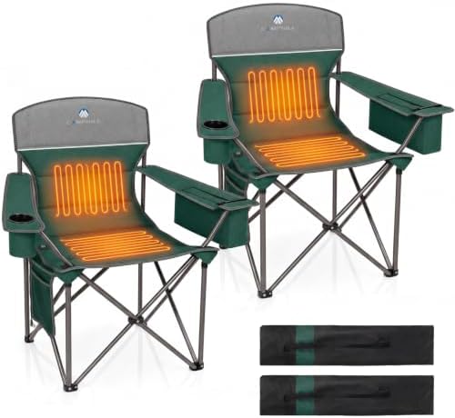 Heated Camping Chairs 2 Pack - Heavy Duty 400LBS Padded Lawn Chair with Cup Holder,Side Pocket,Collapsible for Outdoor,Camp,Fishing & Garden,Dark Green,Battery NOT Included