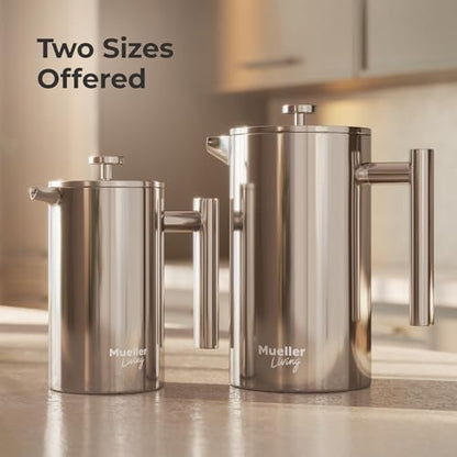 MuellerLiving French Press Coffee Maker 34oz, Stainless Steel French Press Coffee, 4 Filter Heat Resistant Double Insulated, Rust-Free, Food Grade, Dishwasher Safe Coffee Pot
