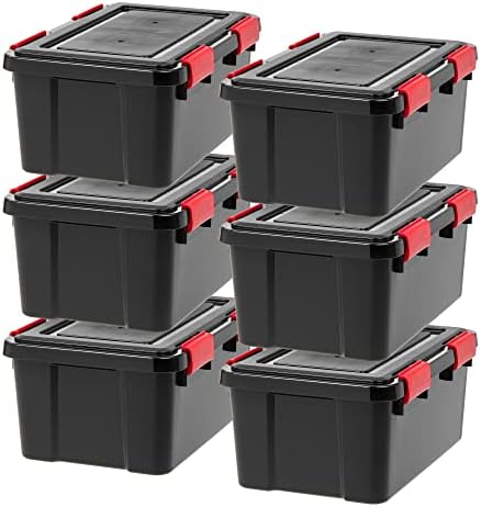 IRIS USA 6-Pack 19 Qt Storage Bins with Gasket Lids, Black/Red