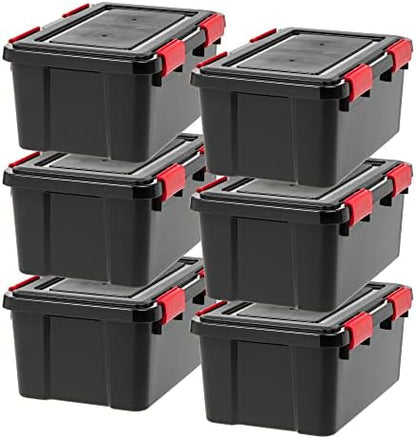 IRIS USA 6-Pack 19 Qt Storage Bins with Gasket Lids, Black/Red