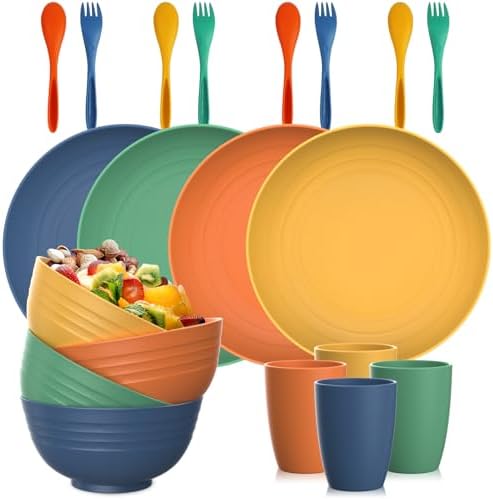 PYRMONT Wheat Straw Plate and Bowl Set 20 PCS Unbreakable Dinnerware Set Service for 4 Dishwasher & Microwave Safe Kitchen Dish Set for RV,Camping and Picnic,Kitchen Essentials-Multi