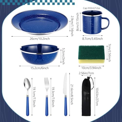 LemonRoad 9 Pcs Camping Enamel Plates Cups and Bowls Set Camping Mess Kit, Enamel Bowl Mug Plate Knife Fork Dishwashing Sponge Utensil Bags Storage Straps Lightweight Tableware for Backpacking Hiking