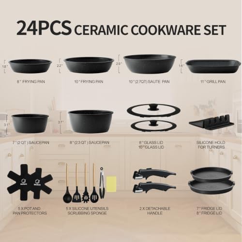 BECIGAR 24pcs Ceramic Pots and Pans Set, Nonstick Detachable Handle Cookware, Induction Kitchen Cooking Set with Removable Handle,include Frying Pans & Saucepans Oven Safe (Black)
