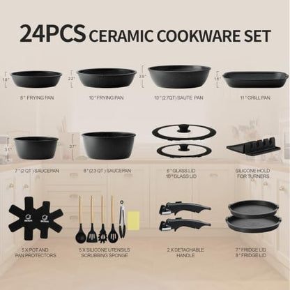 BECIGAR 24pcs Ceramic Pots and Pans Set, Nonstick Detachable Handle Cookware, Induction Kitchen Cooking Set with Removable Handle,include Frying Pans & Saucepans Oven Safe (Black)
