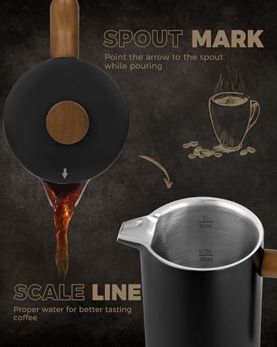 POLIVIAR French Press Coffee Maker, 34 Ounce Coffee Press with Real Wood Handle, Double Wall Insulation & Dual- Filter Screen, Food Grade Stainless Steel for Good Coffee and Tea (Vintage)