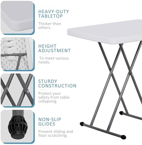 SUPER DEAL 2.5 Foot Plastic Folding Table, Indoor Outdoor Portable Heavy Duty Adjustable Height Kitchen or Camping Barbecues Picnic Party Tray Table, White