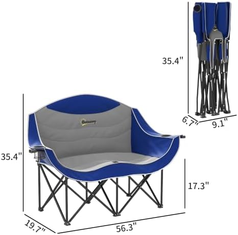 Outsunny Double Camping Chair for Adults, Padded Folding Camp Chair for 2 Person with Armrest, Wine Glass Holder, Cup Holder, Carry Bag for Outdoor Sports, Picnics, Supports up to 552 lbs.
