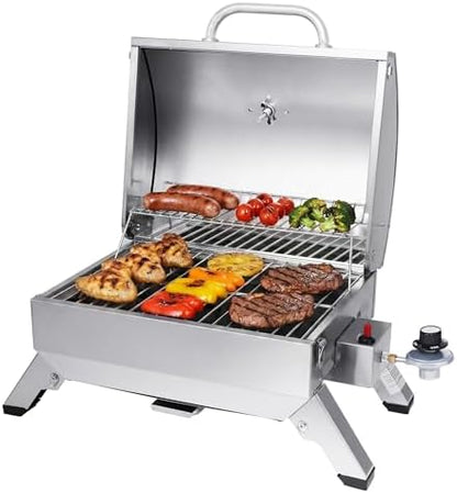 Royal Gourmet GT1001 Stainless Steel Portable Grill, 10000 BTU BBQ Tabletop Gas Grill with Folding Legs and Lockable Lid, Outdoor Camping, Deck and Tailgating, Silver
