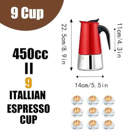 9 Cup Stovetop Espresso Maker Stainless Steel Moka Pot Stove Top Percolator Italian Coffee Makers Capable Mocha Greca Machine Cafe Classic Induction Cookers for Home and Camping 450ml 15oz