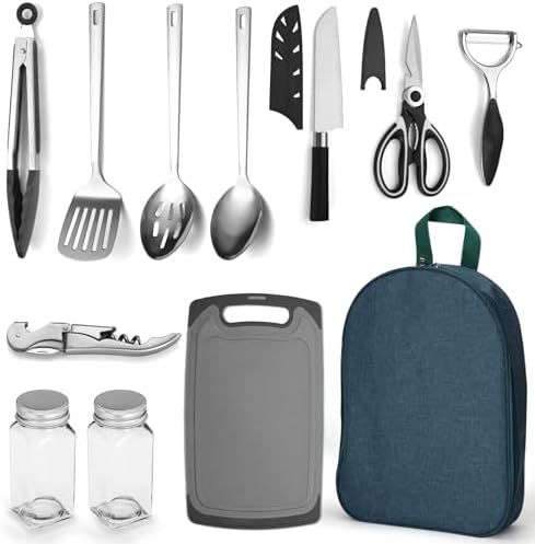 Evanda Camping Kitchen Cooking Utensil Set 10 Piece, Stainless Steel Outdoor Cooking and Grilling Utensil Organizer Travel Set Perfect for Travel, Camping, RVs, BBQs, Picnics, Parties and More