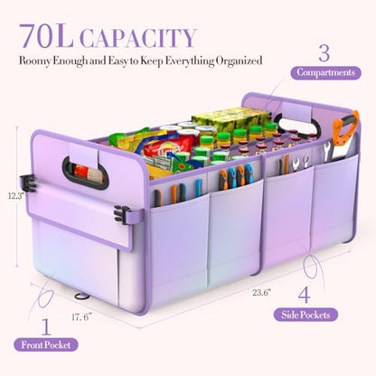titiyiof Trunk Organizer For Suv&Sedan,Car Organizers&Storage,Waterproof Collapsible & Adjustable Straps,70L Sturdy Car Organization for Car Accessories,Tools,Sundries,2-3Compartment(Colorful Purple)