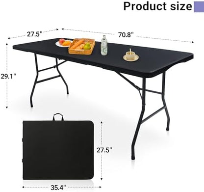 Folding Table 6ft, Heavy Duty Plastic Fold-in-Half Utility Table, Black
