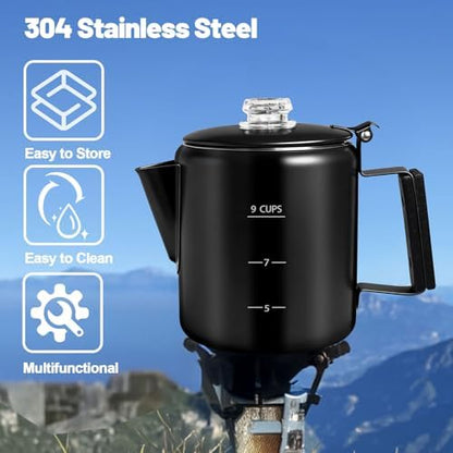 9 Cup Percolator 304 Stainless Steel Coffee Pot Coffee Maker Coffee Machine with Solid Wood Handle Transparent Knob Stovetop Greca Mocha for Induction Home and Camping 1500ml 50.7oz Black