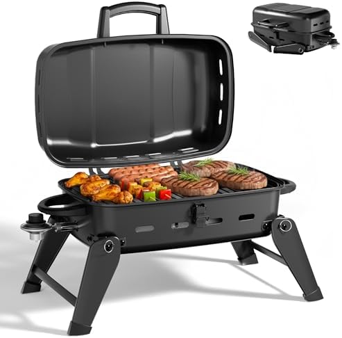 MASTER COOK 10,000 BTU Portable Gas Grill, Outdoor Compact Tabletop BBQ Small Propane Grill with Foldable Legs for RV, Hiking, Camping, Patio, Tailgating